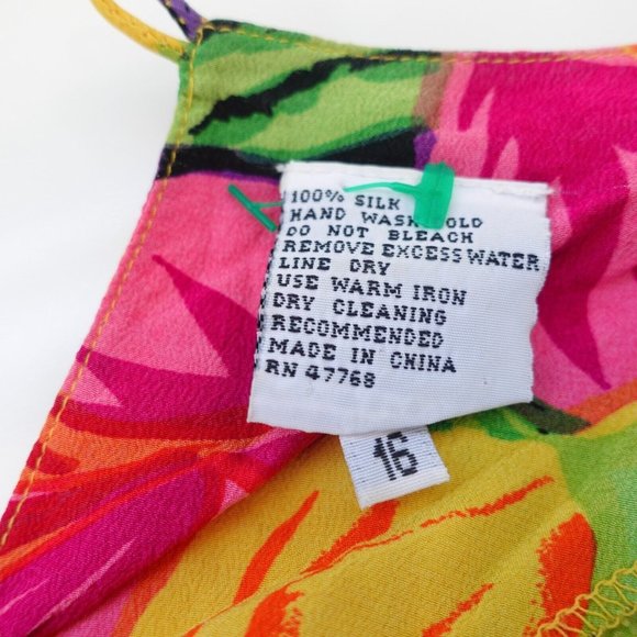 VINTAGE Tropical Top Women XL Silk Bold Blouse Vivid Bright Leaves Boho 90s - Picture 9 of 10